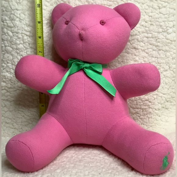 Ralph Lauren Polo 10 inch Plush Pink Bear Stuffed Animal w/Green Bow Toy - Picture 2 of 9